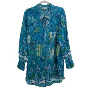 Orientique Floral Shirt Womens Size Medium Blue Oversized Roll Tab Sleeves Tunic